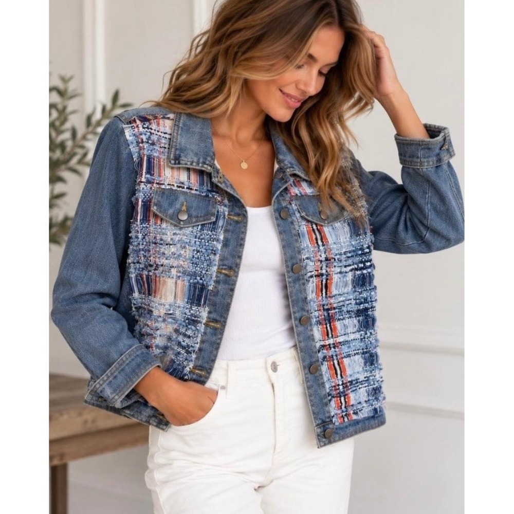 Ramy Brook Denim Tweed Panel Trucker Jacket Blue Orange Cropped XS